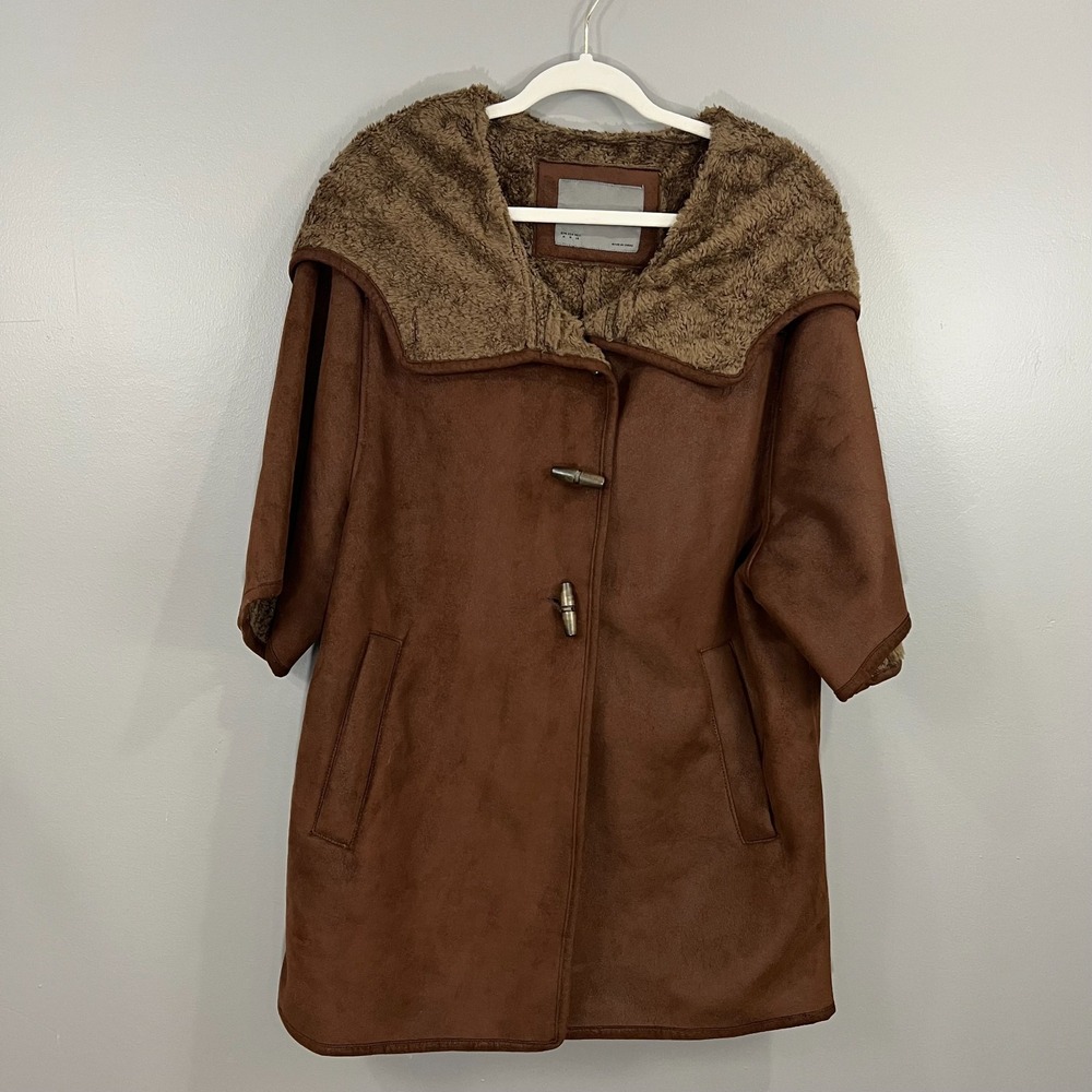 Zara Basic Womens Faux Suede Sherpa lined Hooded Trench Coat Size M 1/2 Sleeve
